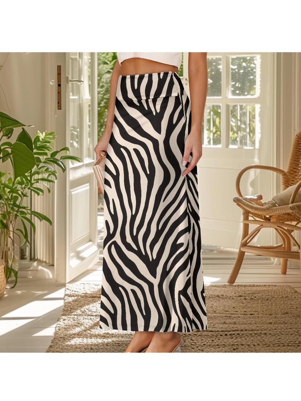 Amazon Black and Cream Zebra-Pattern Midi Skirt